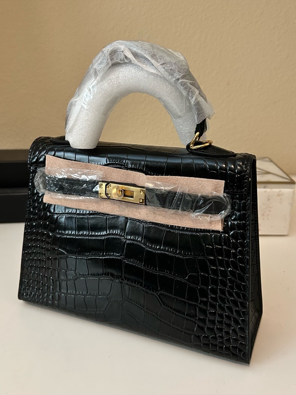 22cm Black Croc-Embossed Top Handle Satchel
